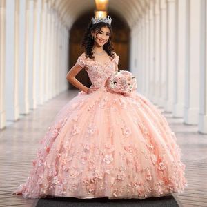 Robes De Quinceanera rose pêche chérie robes De 15 Anos 3D fleur Tulle à lacets corset doux 16 princesse robe De soirée