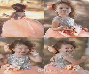 Robes de concours de princesse à paillettes brillantes rose pêche pour votre petite fille robe de bal à fleurs à la main fleur Girls039 Dresses9973471