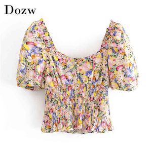 Pearl Floral Print Blouse Puff Short Sleeve Chemise de mode Femmes Dos nu Taille élastique Élégant Dames Tops Summer Blusas 210515