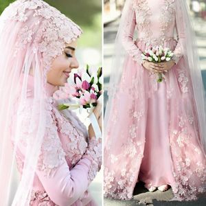 Perle rose robes de mariée musulmanes robes de mariée 2021 une ligne col haut manches longues dentelle florale 3D Dubaï arabe sans robe de mariée hijab