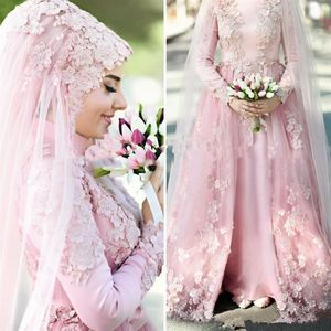 Perle rose robes de mariée musulmanes robes de mariée 2021 une ligne col haut manches longues 3D dentelle florale Dubaï arabe sans Hijab mariée 262x