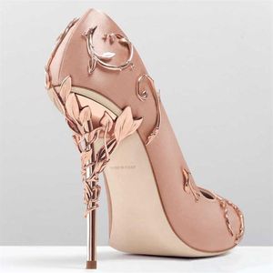 Perle rose or rose tache d'or feuilles chaussures de mariage de mariée mode modeste Eden haut talon femmes fête soirée robe de soirée Shoes221B