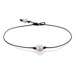 Gargantilla de collar de perlas de agua dulce de un solo cultivo para mujer, joyería de cuero genuino hecha a mano, negro, 14 pulgadas