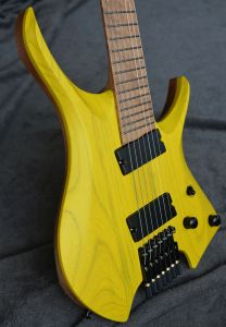 Clavijas 2021 trastes avanzados 7 cuerdas guitarra eléctrica sin cabeza color amarillo color álamo álamo de arce asado ergonómico nuevo puente