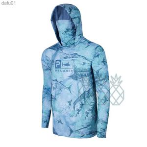 Chemises de pêche pélagiques masque été en plein air hommes à manches longues t-shirt chemise de poisson Protection solaire respirant à capuche vêtements de pêche L230520