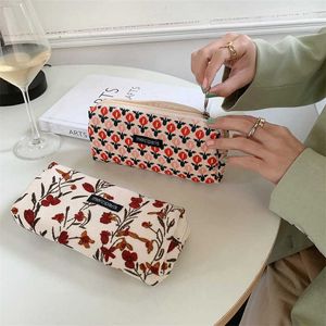 Pencil Bags Retro Pencil Bag Storage and Finishing Bag Makeup Bag Cosmetic Bag Pencil Case Korean INS Corduroy Flower Pencil Pouch J230306