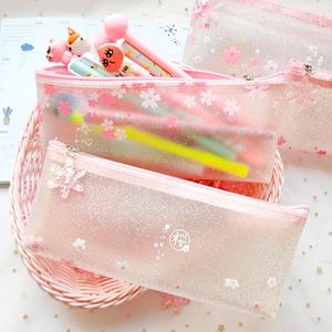 Estuches para lápices Estuche transparente Bolsas Kawaii Útiles escolares Flor de cerezo Mate Papelería japonesa Bolígrafo lindo