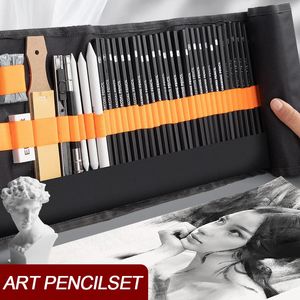Crayons 27/38/47 pièces ensemble de crayons de croquis avec sac à stylo en toile enroulable Art dessin peinture fusains pétris gomme Kit de croquis 231212