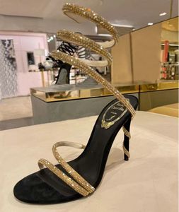 Rene caovilla Serpiente estilete Sandalias de tacón Zapatos de noche Chandelier sandalias adornadas con cristales mujeres de tacón alto Diseñadores de lujo Tobillo Zapato envolvente