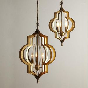 Lampes suspendues pays américain lustre en fer doré néo-classique creux chambre balcon porche Antique salle à manger lampe