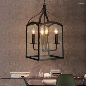 Lampes suspendues Industriel Vent Loft Lampe Fer Boîte En Verre Bougie Lumières Américain Rustique Salon Chambre Restaurant