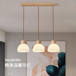 Pendant Lamps Japanese Style Quiet Wind Restaurant Bar Glass Chandelier Simple LED Long Table Lamp With Original Wood