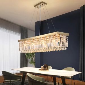 Lámparas colgantes Iluminación de araña de cromo de lujo para comedor Rectángulo moderno Isla de cocina Led Lustre de cristal Lámpara colgante de oro Accesorio