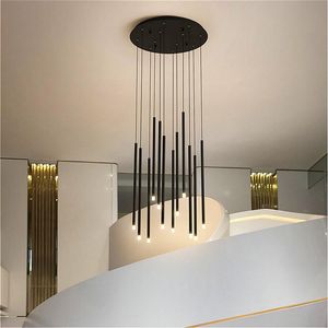 Lampes suspendues Lustres d'escalier modernes allumant le tube rond LED noir doré utilisé pour la spirale El Lobby Club HallPendant