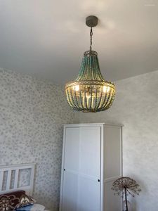 Lampes suspendues Vintage moderne E27 plafond lustre bleu perles en bois salon chambre El cuisine lampes suspendues