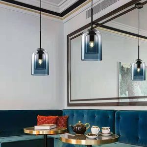 Lámparas colgantes nórdica ámbar/gris/azul lámpara de cristal dormitorio lámpara de araña Led de noche para comedor Bar Pub restaurante iluminación