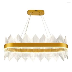 Lampes suspendues Rectangle moderne lustre en cristal éclairage de luxe salle à manger suspension Lustres de or ovale verre LED lampe à la maison AC 90-260V