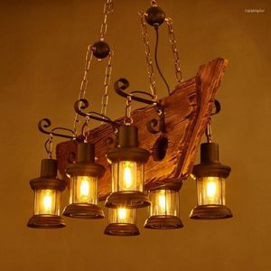 Lámparas colgantes Lámpara industrial retro 6 cabezales Viejo barco Luz de madera Estilo rural americano Bombilla Edison