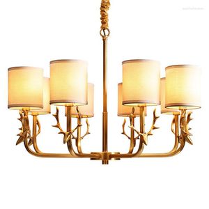 Lampes suspendues Willlustr Antler Cuivre Lampe Tissu Shade Lustre Suspension Éclairage Pays Américain Bronze Laiton Suspendu Lumière