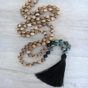 Pendentif Colliers 108 Collier de perles Mala Turquoises africaines Onyx noué à la main Prière pour hommes Yoga Méditation 3357