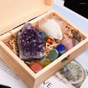 Pendentif Colliers 11pcs cristaux et pierres de guérison kit avec boîte en bois 7 pendule de chakra brut améthyste quartz rose pierres précieuses naturelles