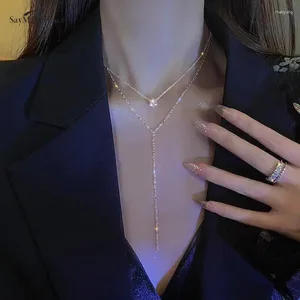 Collares colgantes 1 unids largo en forma de y borla brillante collar de diamantes de imitación mujeres moda doble capa sexy clavícula cadena joyería de boda