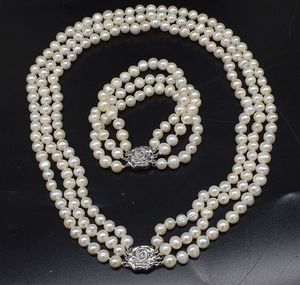 Pendentif Colliers 2/3rows Set Collier de perles d'eau douce Bracelet Blanc 7-8mm près de rond FPPJ Perles en gros Nature 230921