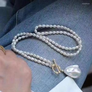 Collares colgantes 2022 Collar hecho a mano de perlas de arroz natural con gran barroco blanco / rosa / lavanda joyería de mujer PNZ5
