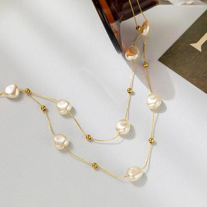 Collares colgantes 2023 Collar de perlas grandes de doble capa de acero inoxidable para mujeres Tendencia Chica Cuello Joyería Cadena Fiesta Boda GIF