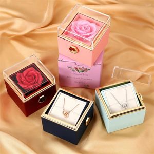 Collares colgantes 2024 Valentine Eternal Rose Jewelry Ring Box Rotar Collar de boda Caja de almacenamiento para mujeres Novia