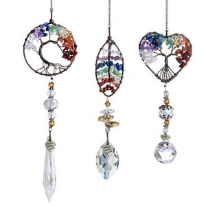 Pendentif Colliers 3 pièces à la main Suncatcher fil enveloppé collier de pierre ornement suspendu avec prisme de goutte de cristal pour la voiture à la maison BMF8274c