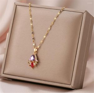 Pendentif Colliers 316L En Acier Inoxydable Rétro Style Chinois Zircon Paon Titane Bijoux De Mode Micro-incrusté Couleur Cristal Collier