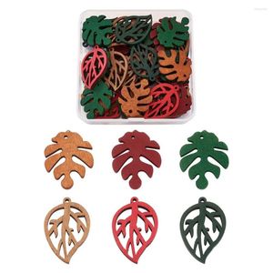 Pendentifs de colliers 48 pièces/boîte pendentifs en bois, breloques en feuilles de bois naturel, feuilles teintes de couleurs mélangées pour bricolage, collier, boucles d'oreilles, fabrication de bijoux