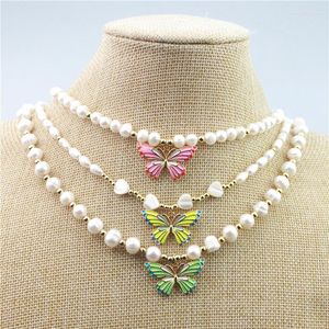 Pendentif Colliers 5 pcs/lot Coloré Papillon Forme Émail Charme Collier Plaqué Avec Perle D'eau Douce Chaîne En Gros