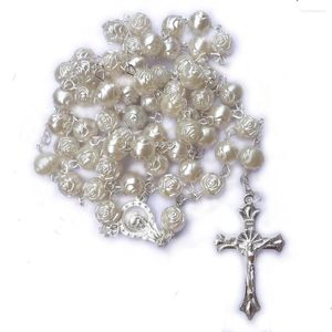 Collares colgantes 8 mm perla blanca rosa perlas rosario cruz collar para mujeres suéter cadena plástico accesorios de joyería católica
