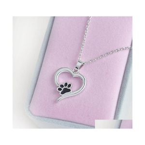 Collares pendientes 925 Sier Plating Heart Paw Print Collar Pet Memorial Personality Cat Dog Lovers Jewelry Wholesale 715 Q2 Drop De Dhfyp