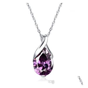 Collares pendientes 925 Sterling Sier Crystal Jewelry Collar llamativo Purple Drop Shaped New Charms Delivery Pendants Dh5Uk