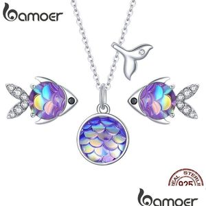 Collares colgantes 925 Sterling Sier Purple Fish Jewelry Set Happy Tropical Litte Pendientes Collar para mujeres Moda Sce1028 221109 Dr Dhu9C