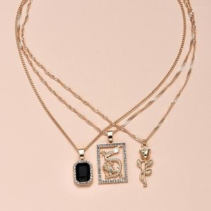 Pendentif Colliers ALYXUY 3 Pcs / set Mode Noir Carré Cristal Dragon Rose Collier Éléments Chinois Bijoux Femmes Filles Cadeaux