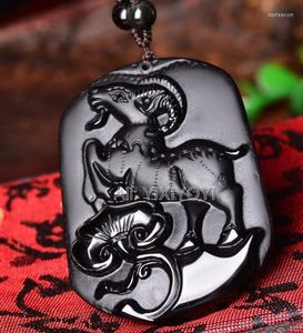 Collares colgantes Hermoso hecho a mano natural negro obsidiano chino loto oveja suerte amuleto collar encanto cristal moda regalo joyería