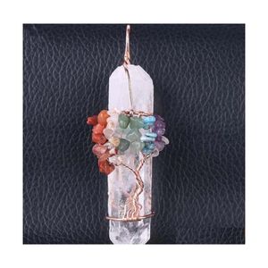 Pendentif Colliers Big Gemstone Femmes Cristal Blanc Naturel Quartz 7 Chakra Arbre De Vie Or Rose À La Main Fil Enroulé Collier Cha Dh42P