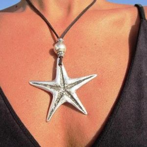 Pendentif Colliers Bohême Ethnique Style Starfish Collier En Cuir Pour Femmes Exagérée Argent Couleur Étoile Métal Nekclaces Bijoux De Plage