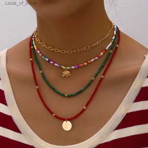 Collares colgantes Bohemia multicapa hecha a mano cadena de cuentas collares de moda hoja colgante de elefante joyería para mujeres regalo de San Valentín X0210H24112