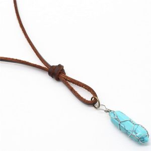 Pendentif Colliers Brown Véritable Cuir Corde Chandail Chaîne Opale Topazes Turquoises Cristal Pilier Pierre Hommes Collier Femmes Homme BijouxPenda