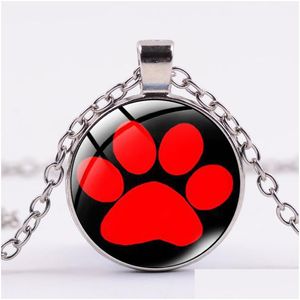 Pendentif Colliers Dessin Animé Chat Chien Empreinte Collier Mignon Animal Patte Verre Cabochon Pendentifs Longue Chaîne De Haute Qualité À La Main Femelle G Dhx0I