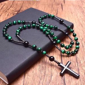 Pendentif Colliers Catholique Christ Chapelet Colliers Oeil de Tigre Vert Onyx avec Hématite Croix Pendentif Long Collier Religieux Hommes Chapelet G230206