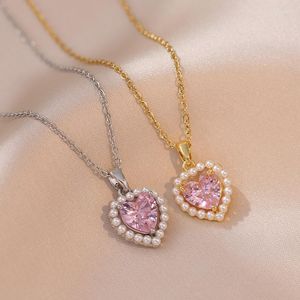 Collares colgantes Lindo collar de corazón de perlas con cristal rosa de piedra para mujer Regalos de joyería de lujo dorados