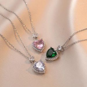 Pendentif Colliers Mignon Rose Vert Pierre Amour Coeur Clavicule Pour Femmes Argent Or Couleur Chaînes Collier Blanc Zircon Bijoux CZ