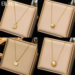 Pendentif Colliers Eilieck 316L En Acier Inoxydable Lune Perle Zircon Chiot Collier Pour Femmes Fille Mode Cou Chaîne Bijoux Cadeau Bijoux