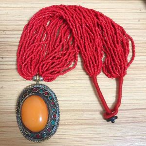 Pendentif Colliers Ethnique Tibétain En Laiton Résine Ovale Collier Pour Femmes Rouge Multi Couches Perlé CollierPendentif